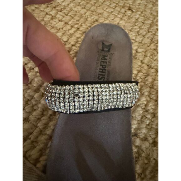Mephisto Helen Spark Sandals 38 Black Rhinestone Cork Wedge Comfort Slides - Picture 8 of 8